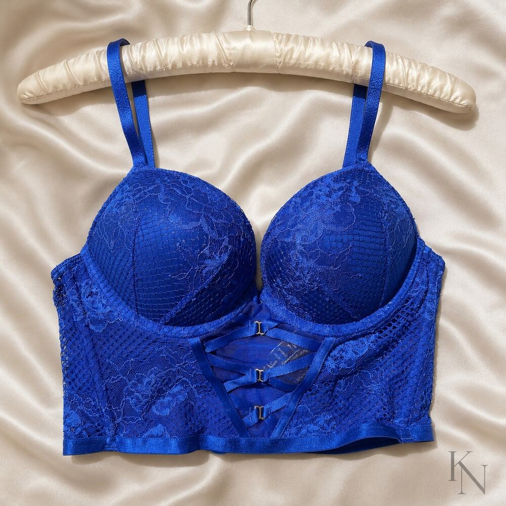 Victoria’s Secret Bombshell Bustier Bra 38C C85 Blue Lace Mesh Cage Longline